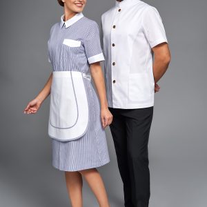 Grembiule Luna rigato blu e nero front con uomo